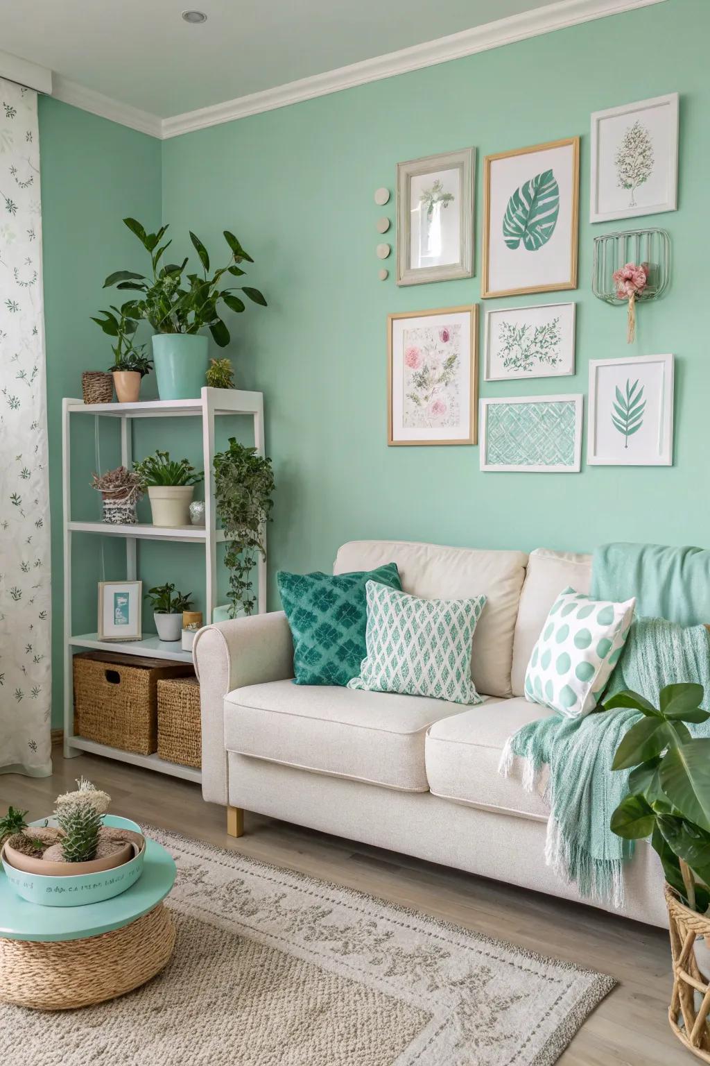 A mint-colored accent wall revitalizes the chamber's aesthetic arrangement.