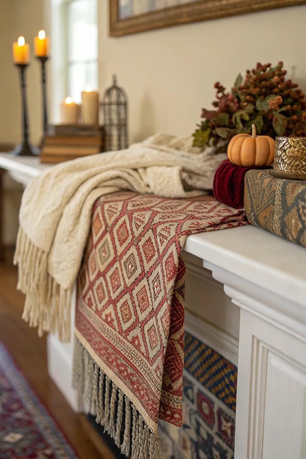 Textiles infusing warmth and texture into the mantel décor.