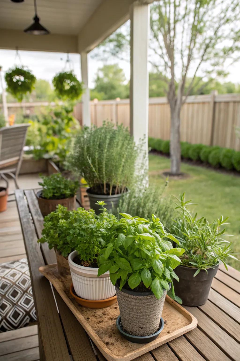 A miniature herb garden contributes both aesthetic appeal and practicality to your veranda.