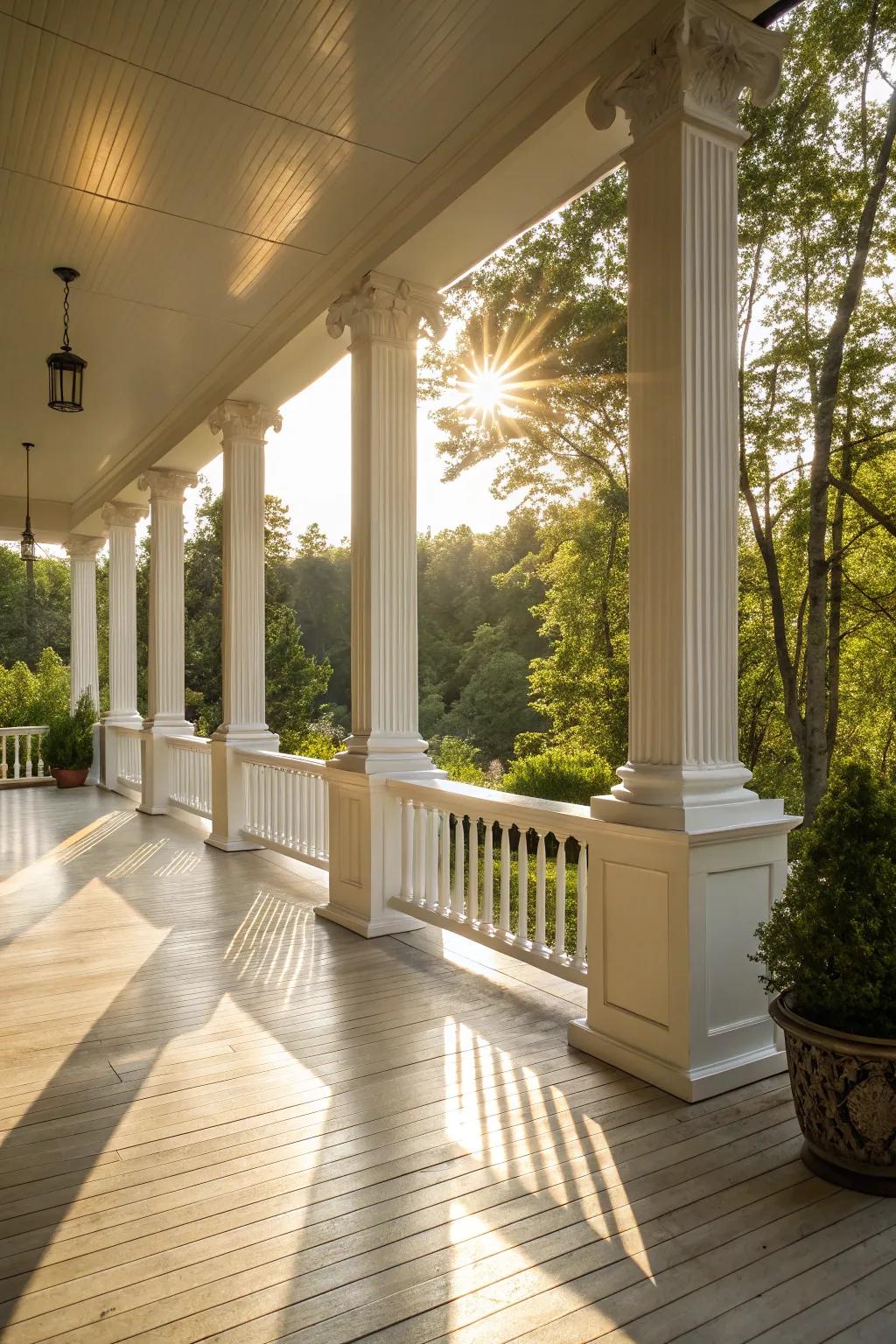 Shiny square columns provide a luxurious sheen to the porch.