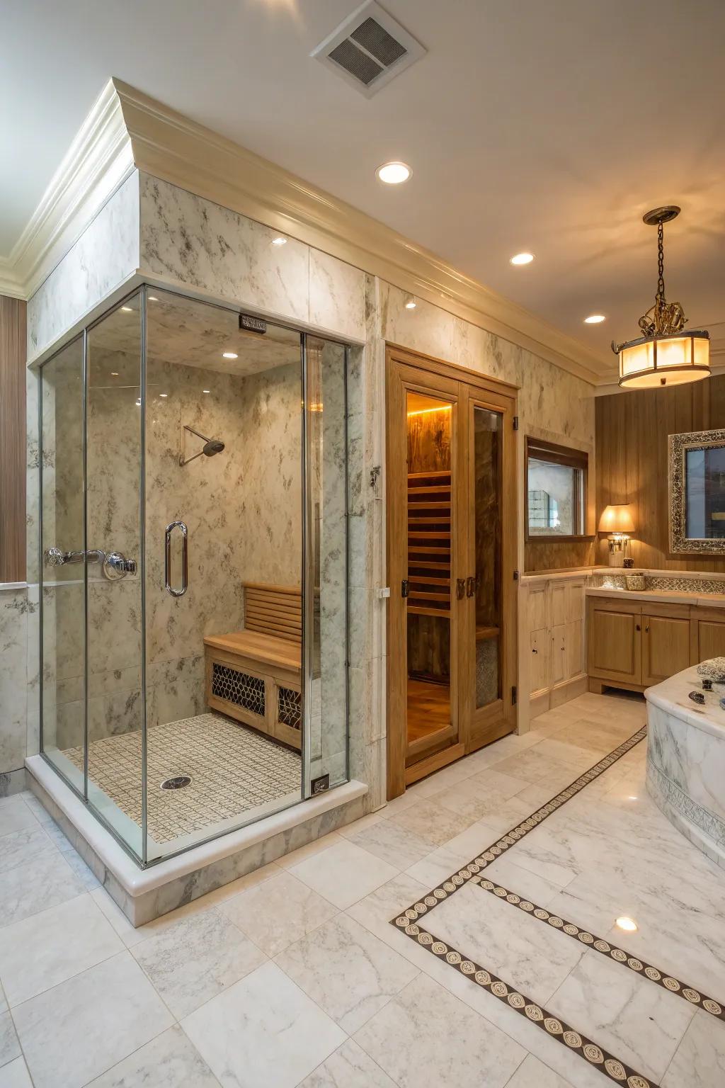 A standup shower and sauna combination provides the height of relaxation.