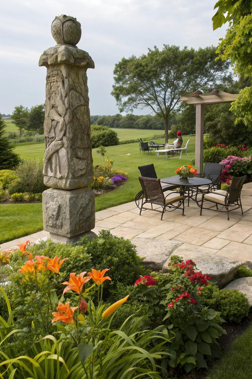 An impressive stone piece enhancing the garden's overall design.