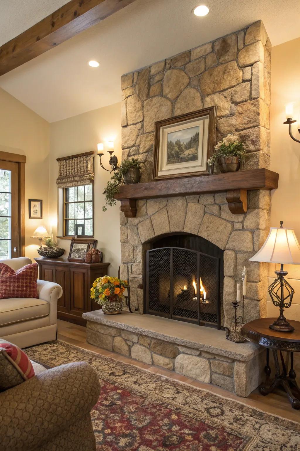 A charming area showcasing a stone fireplace and a bespoke compilation exhibited atop the mantel.