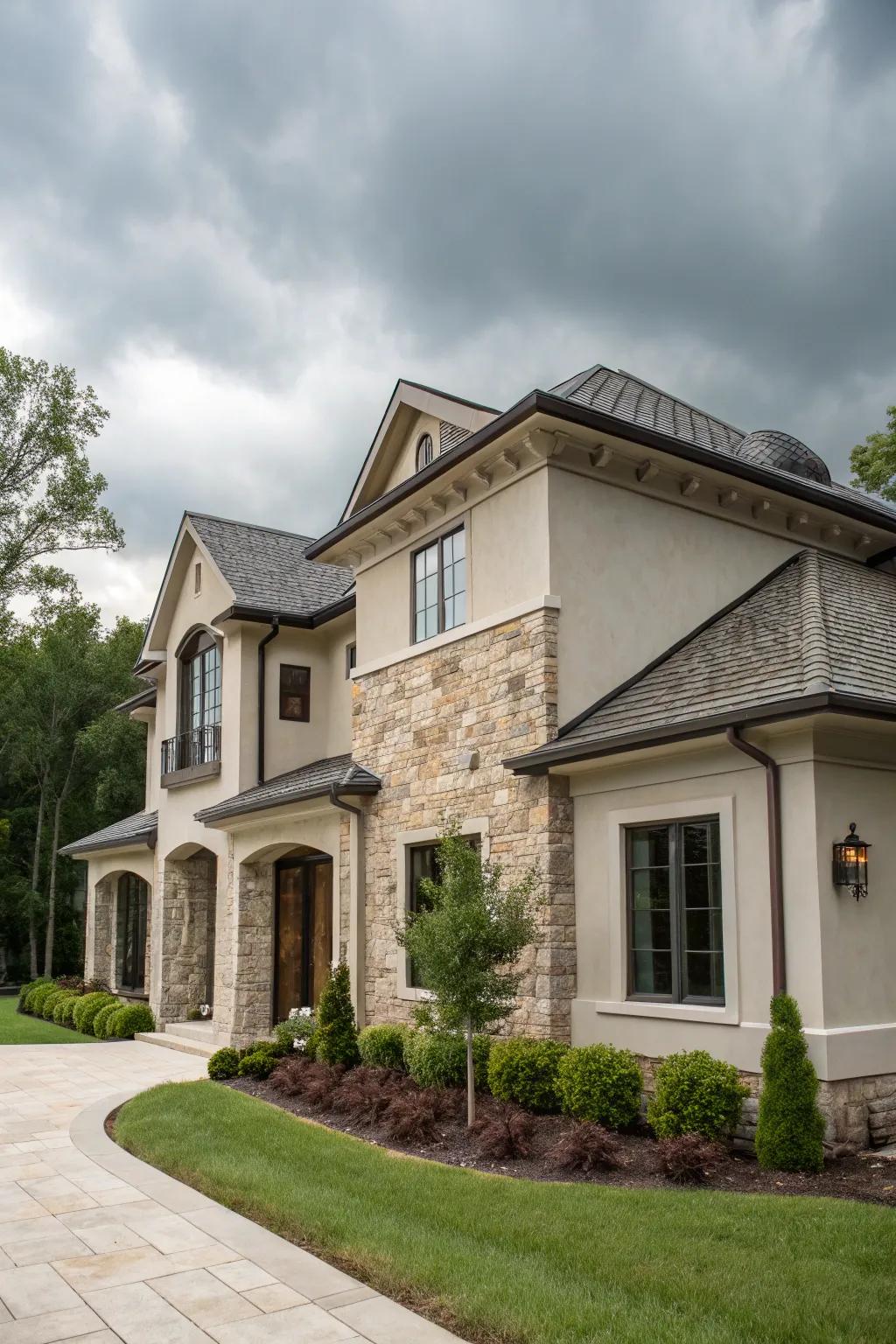 A modern classic house with a mix of plaster and stone.