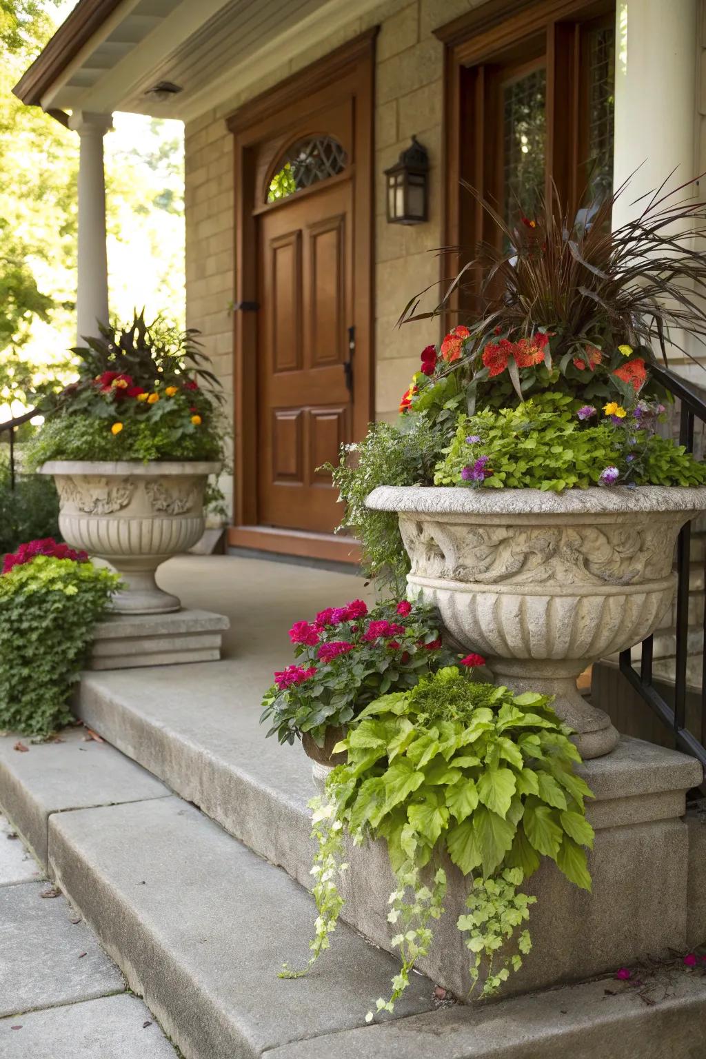 Stone greenery holders elevate the verdant allure of the porch.