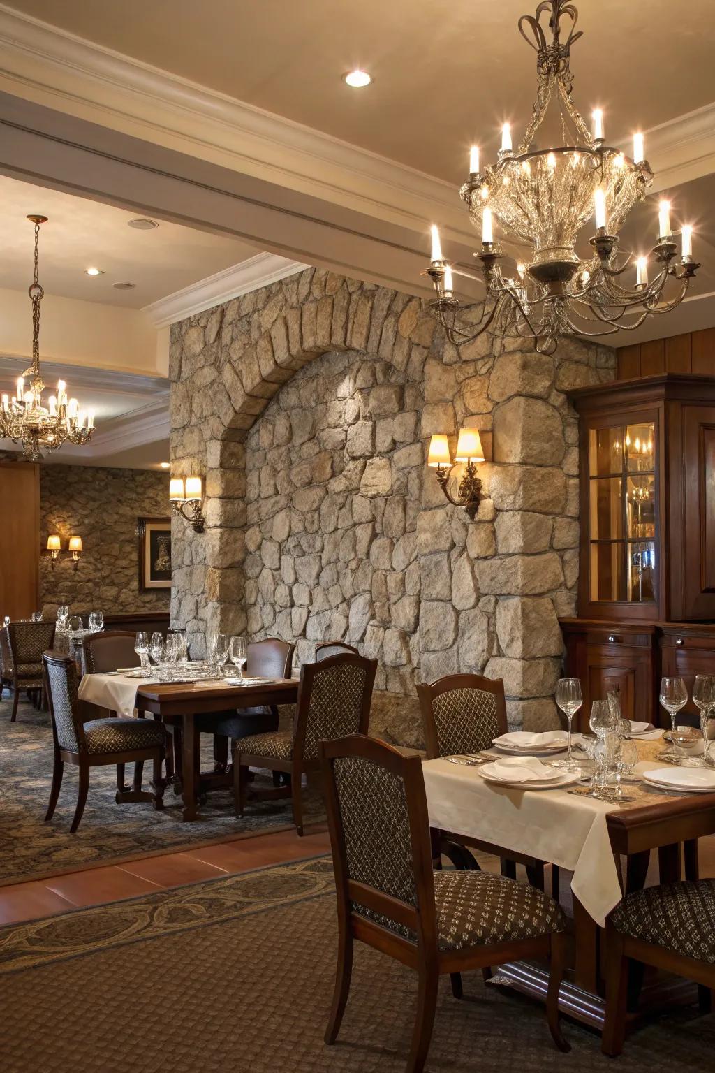 A dining chamber that captivates with a striking stone wall.