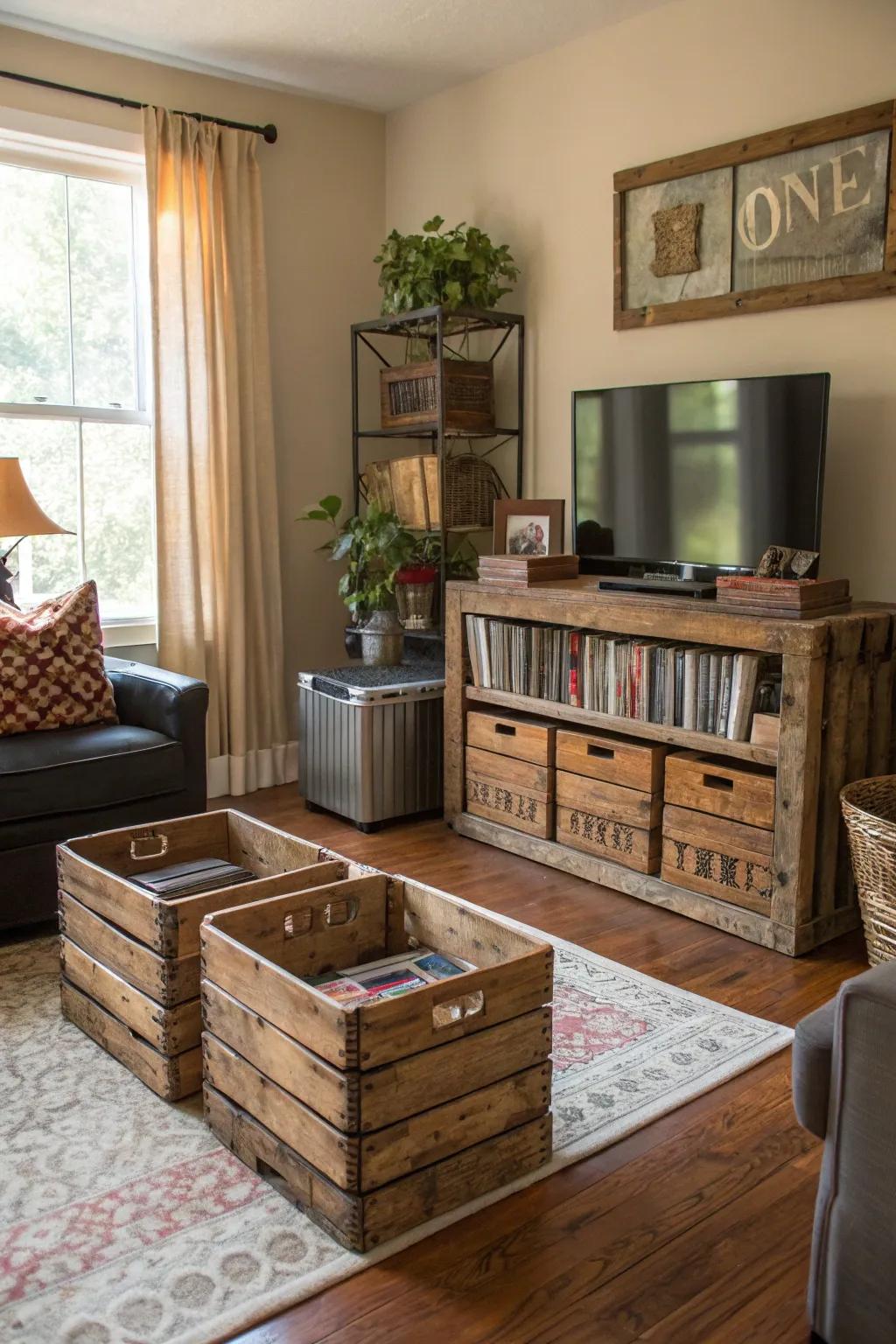 A living room showcasing vintage bins and crates, thoughtfully arranged for practical and stylish storage.