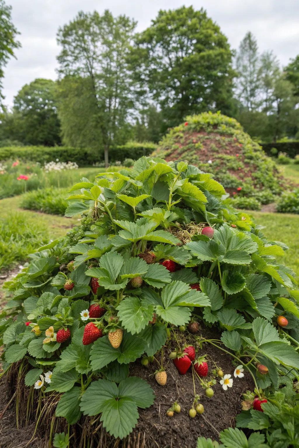 Strawberries flourishing on an elevated garden bed.