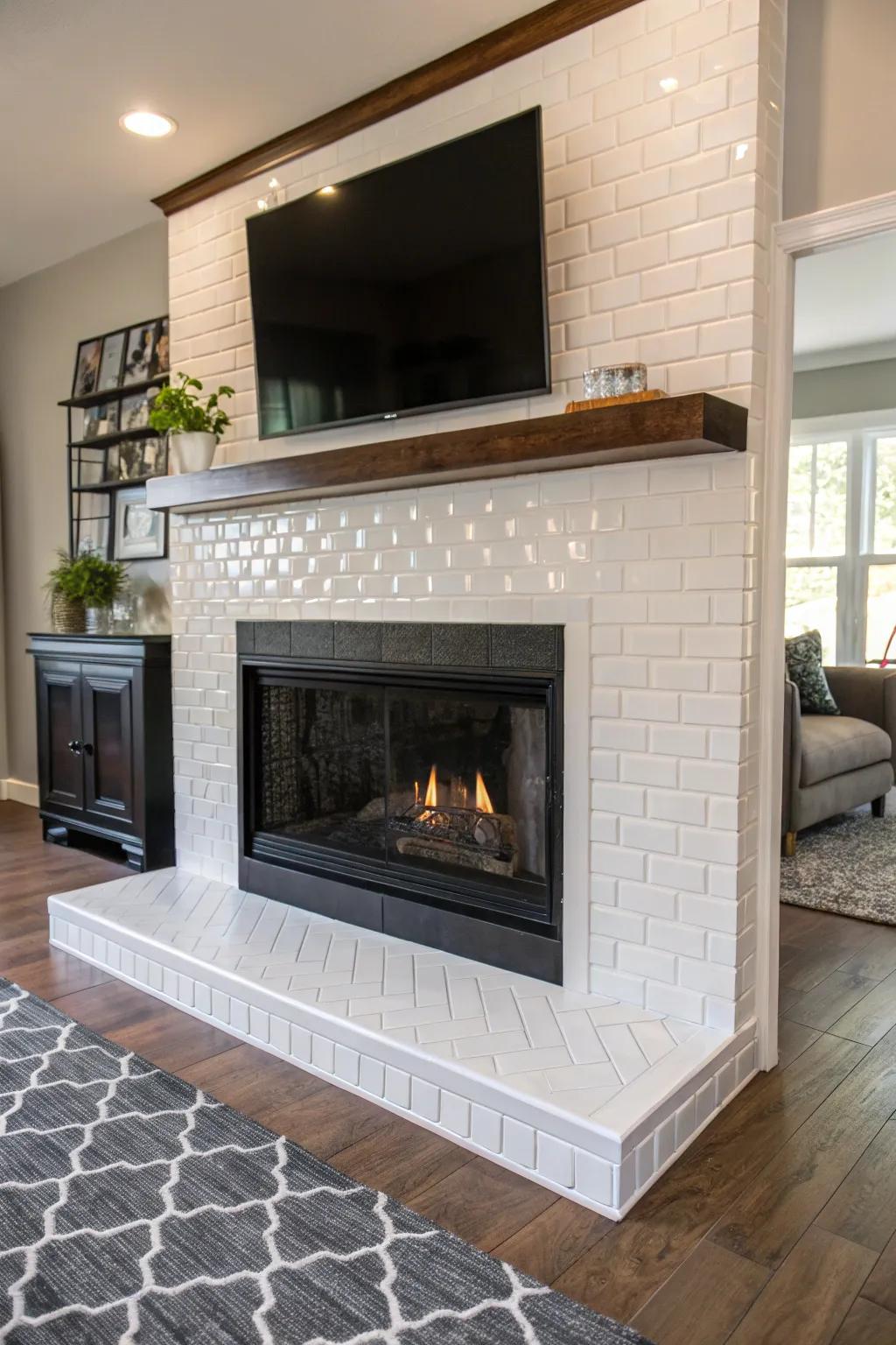 Mixing textures in rectangle tiles adds depth to this stylish fireplace.