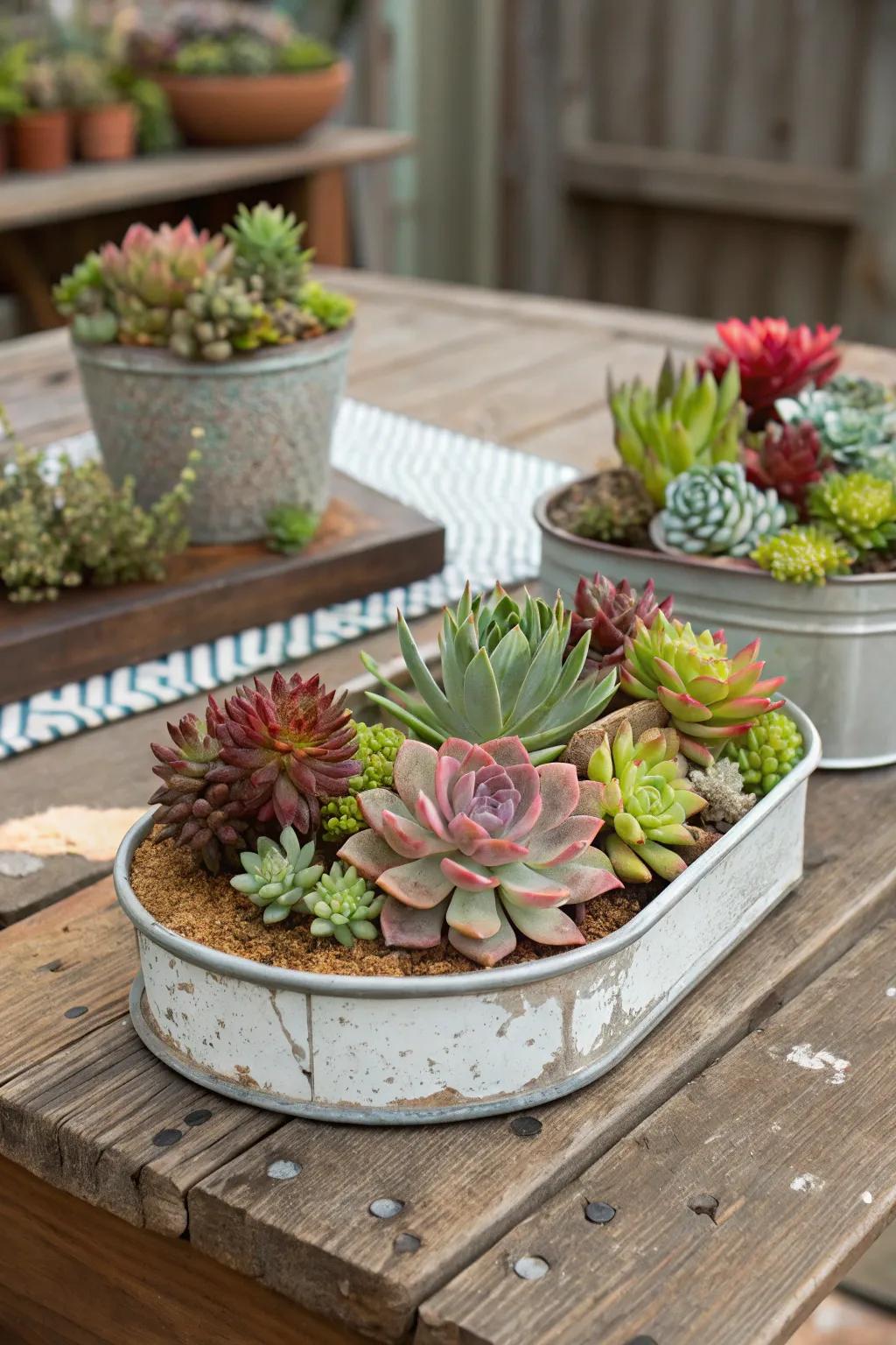 A charming succulent garden housed in vintage repurposed containers.