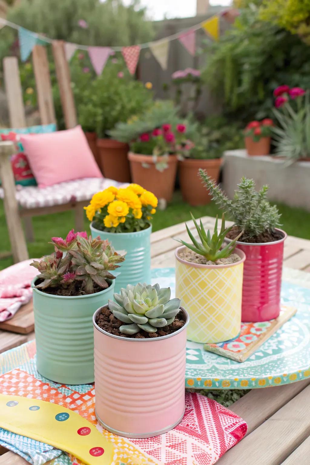 Vibrant tin canisters constitute a lively and economical succulent exhibit.