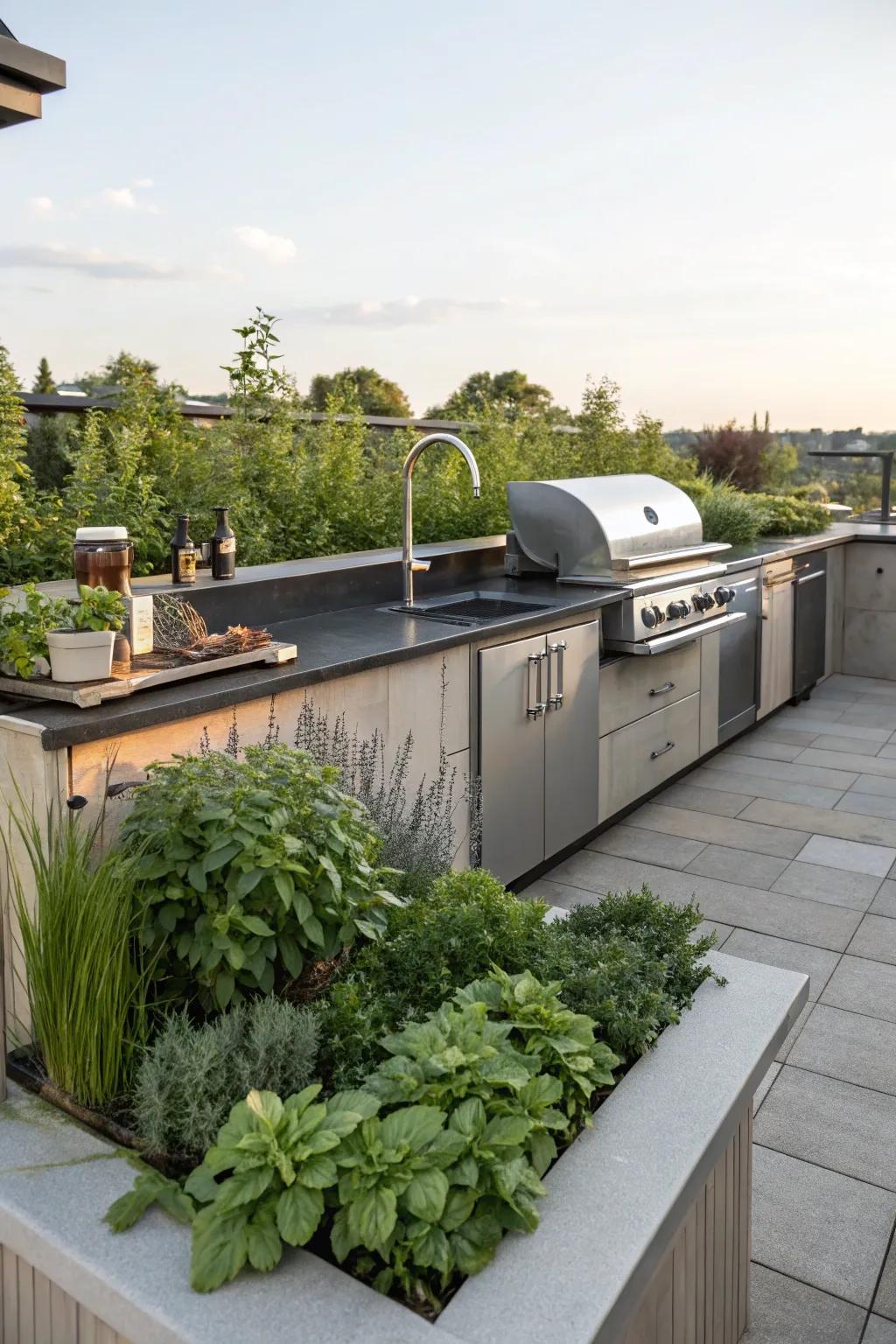 Fresh herbs within reach with a built-in garden in the summer kitchen.