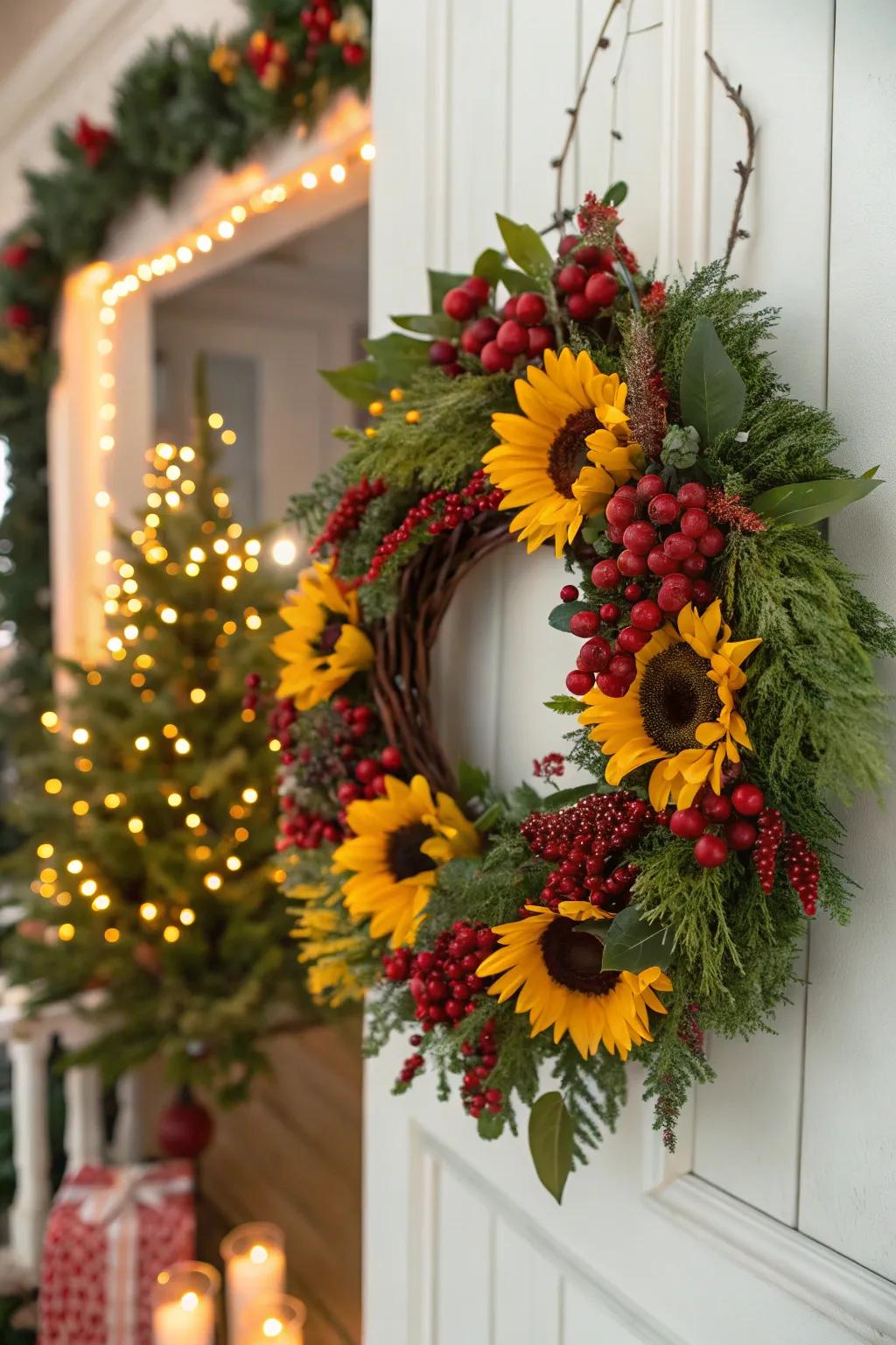 Celebratory sunburst wreath complemented by a vibrant fruit garland.