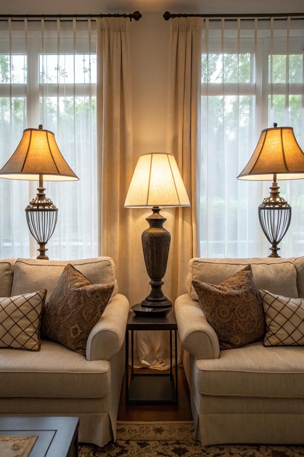Symmetrically placed table lamps create balance and refinement within a living space.