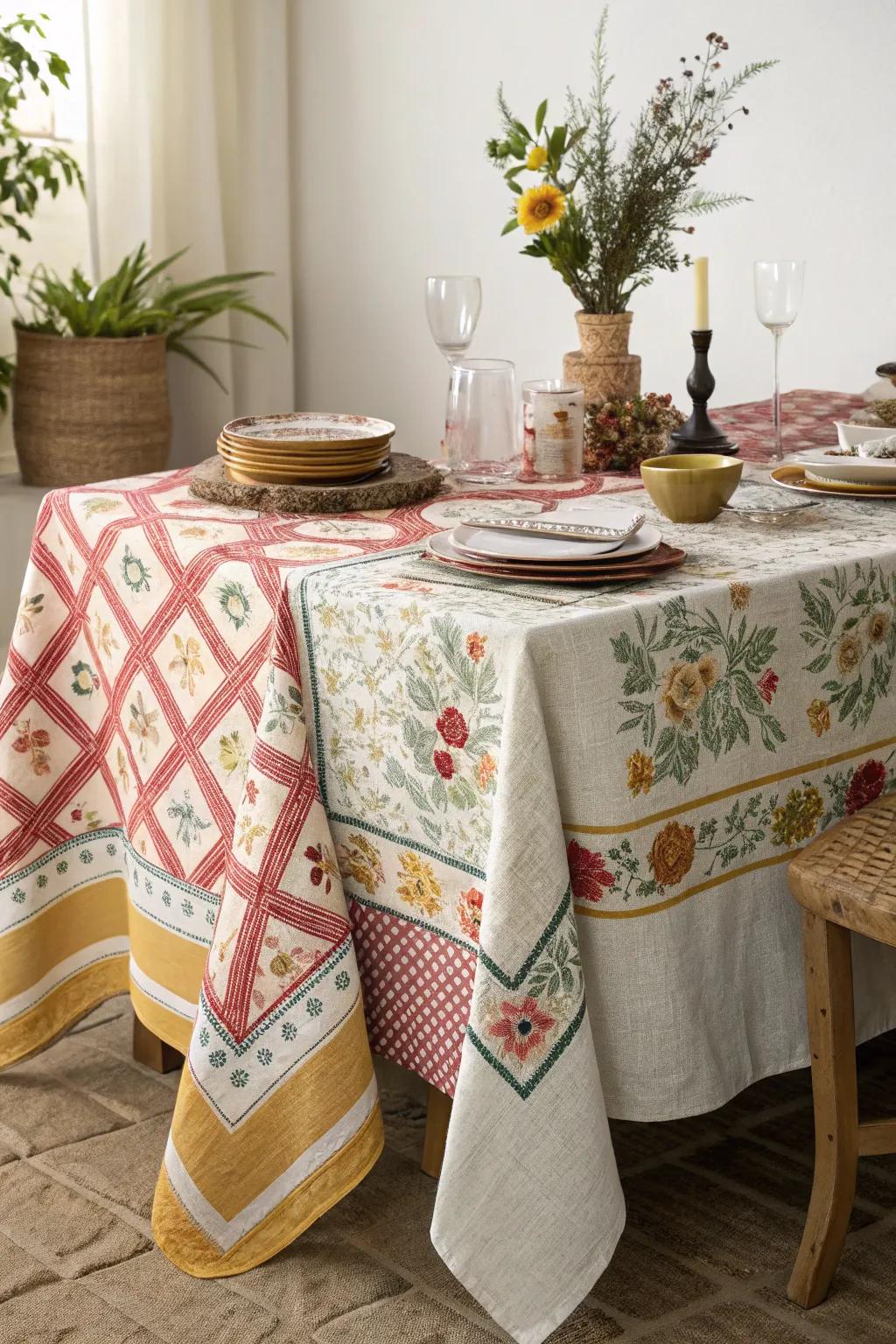 Layered fabric arrangements impart profundity and intrigue to the table.