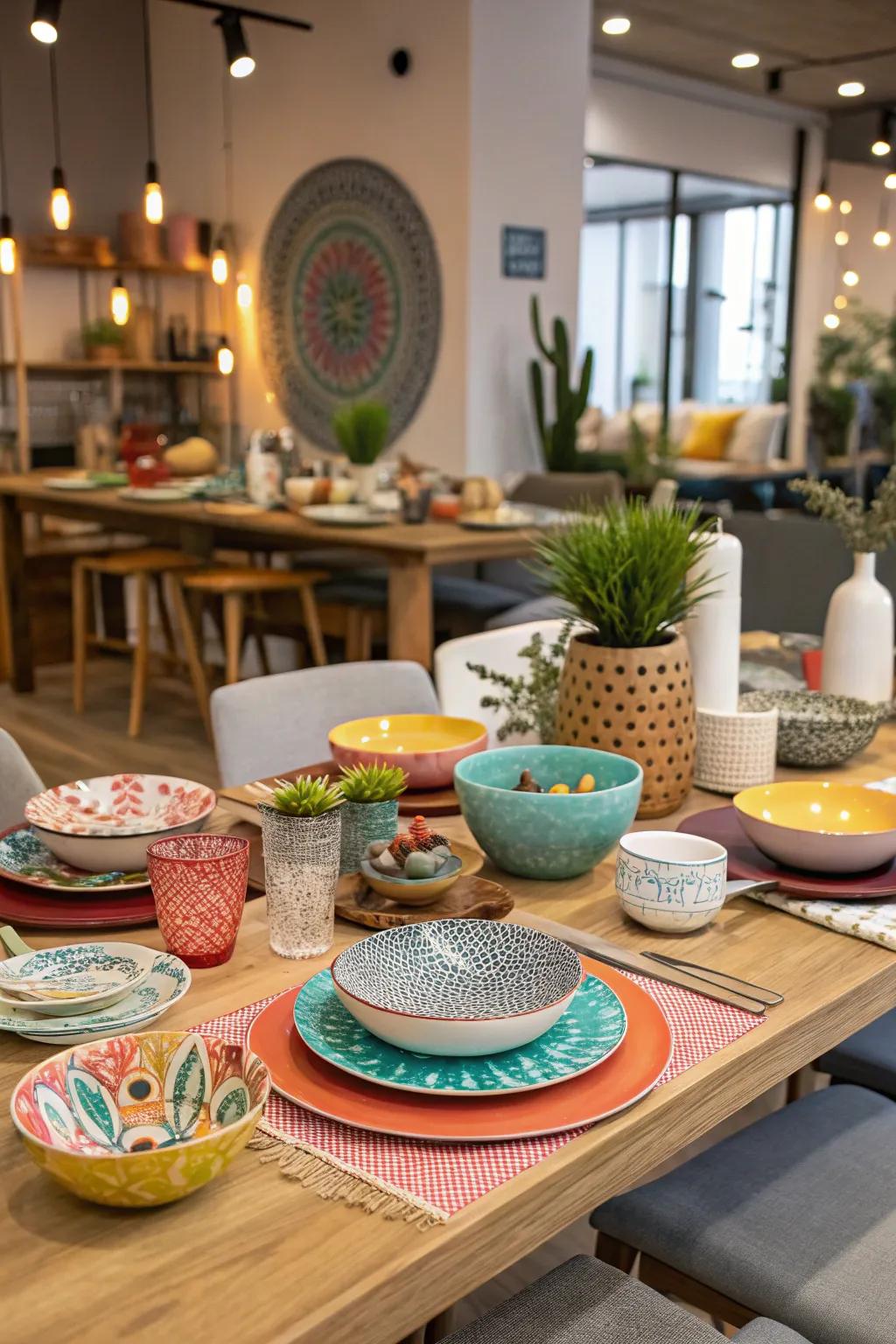 An eclectic table arrangement featuring a mix of styles and colors.