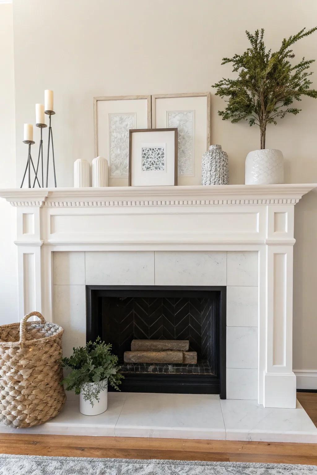 An elevated mantel featuring minimalist ornamentation, cultivating a pristine and tranquil aesthetic.