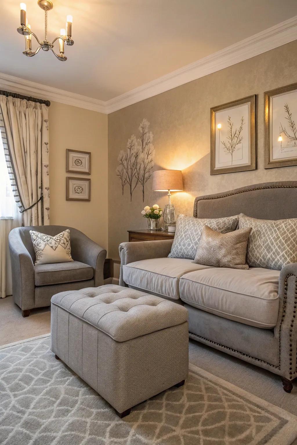 A cozy grey seating arrangement in the bedroom.