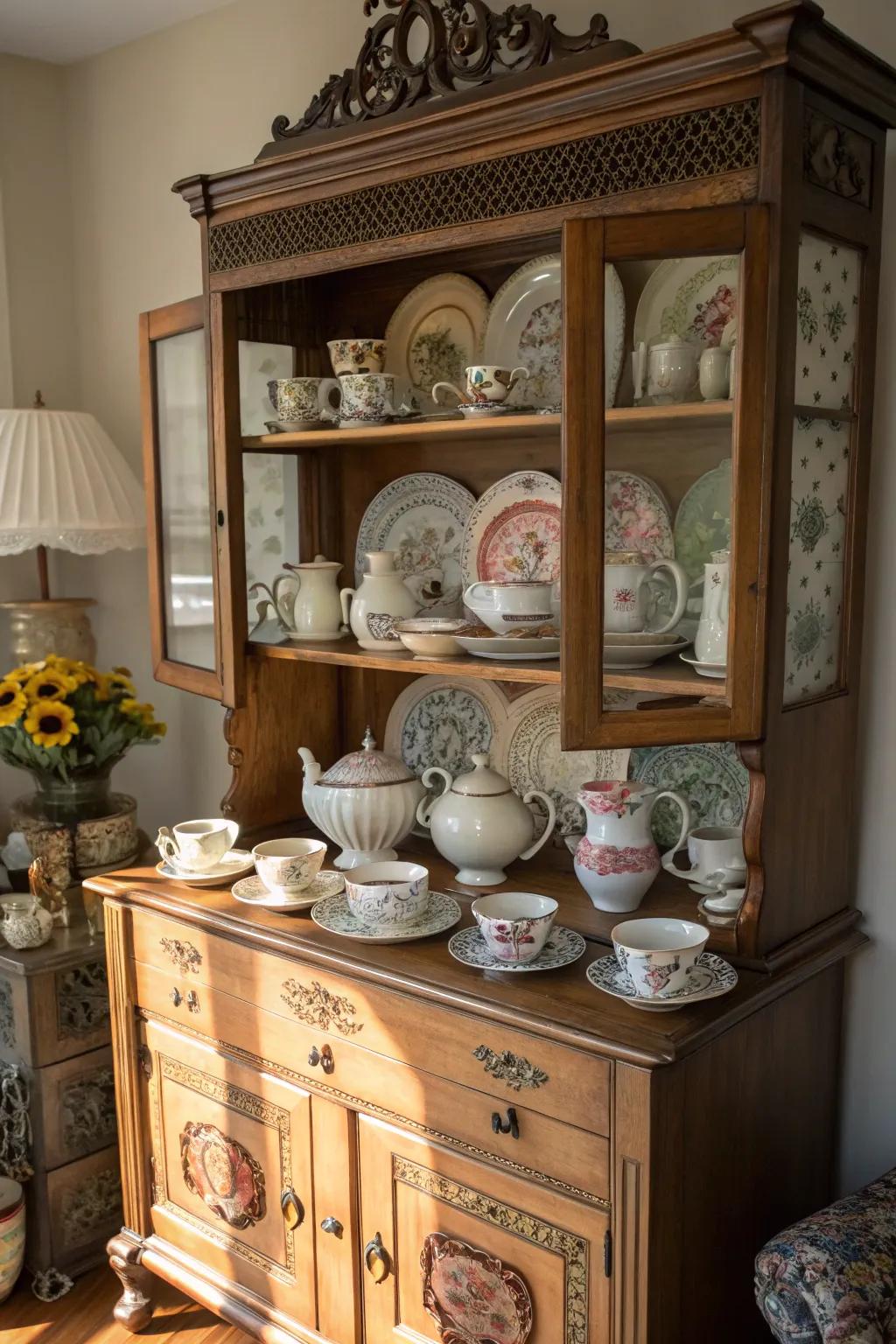 A period cabinet beautifully displaying a tea set collection.