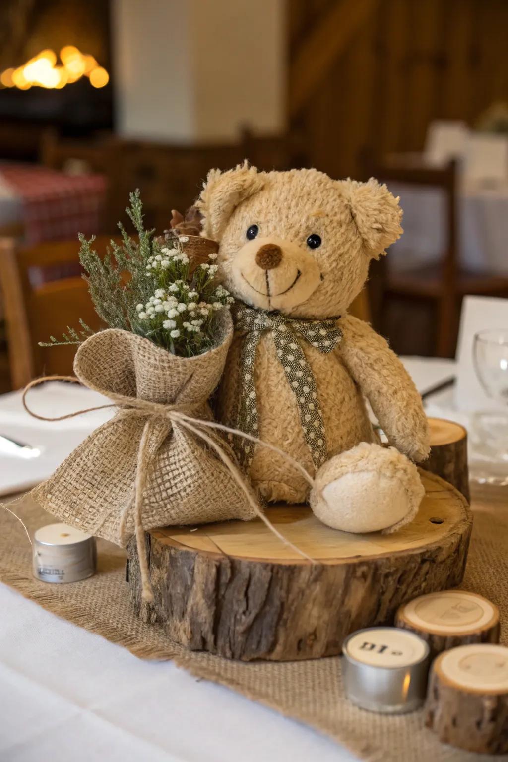 Rustic hessian fabric adds warmth to a stuffed bear centerpiece.