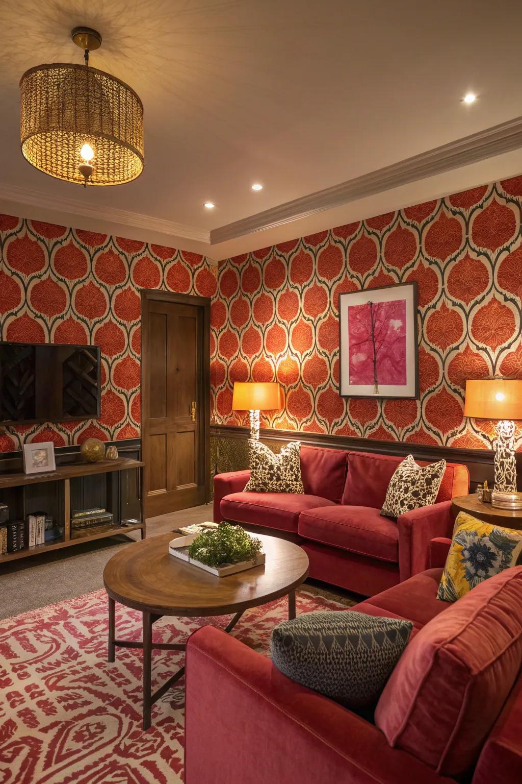 A welcoming area showcasing statement patterned wallpaper.