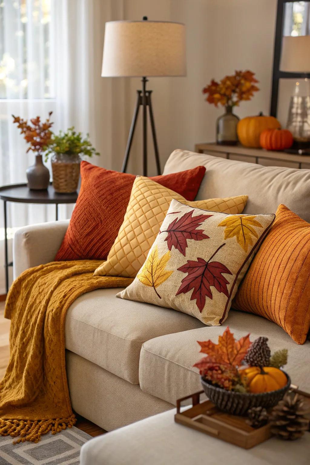 Seasonal toss cushions incorporate warmth and coloration.