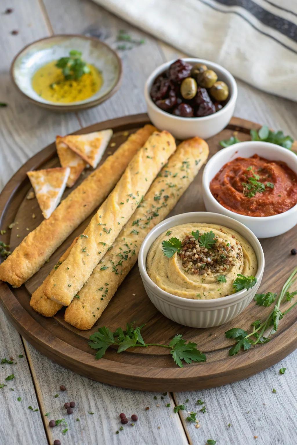 Herb breadsticks and sauces makes for a tasty snack that is easy to eat.