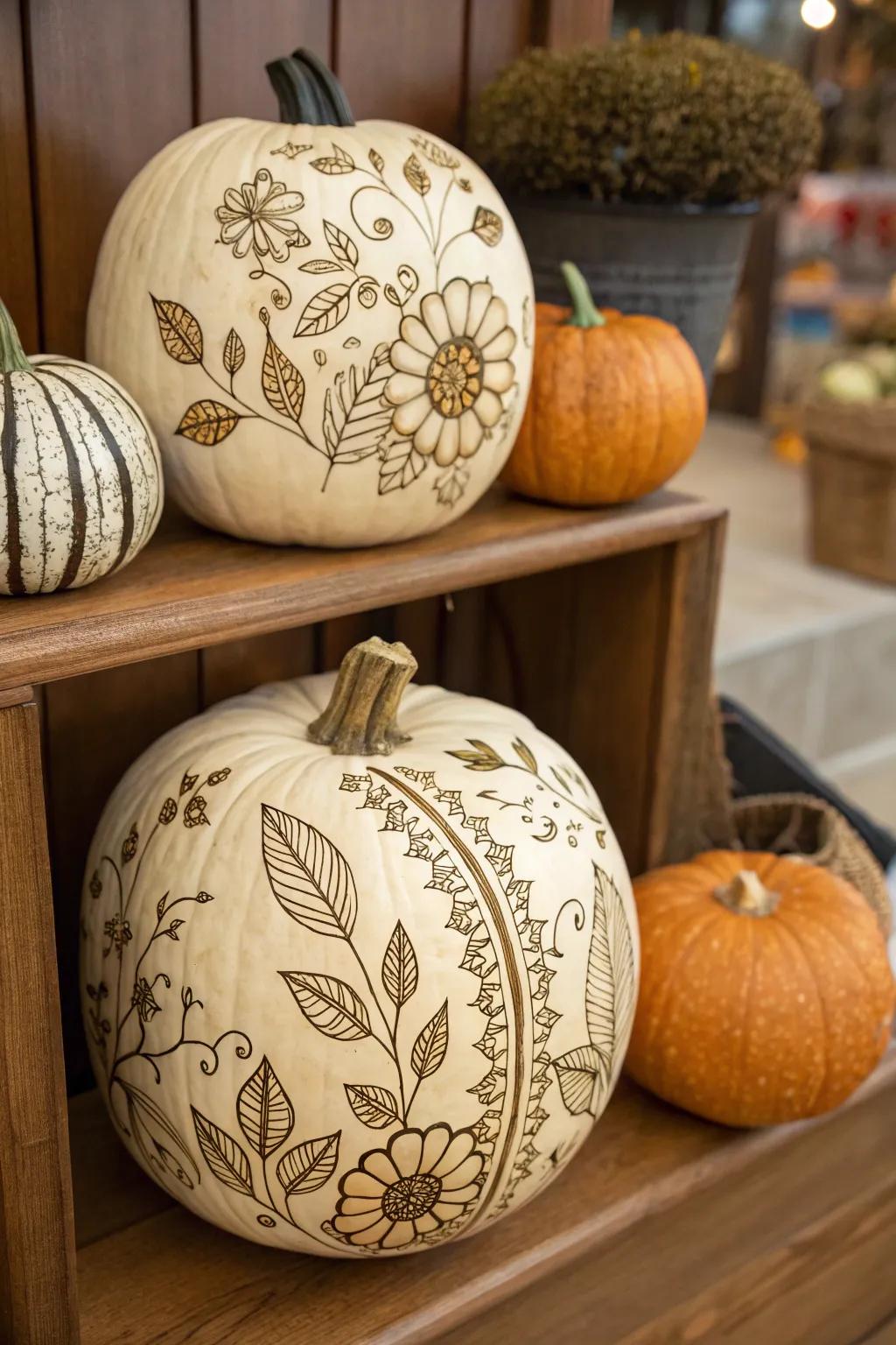 Elegant vegetation motif pumpkins for artistic decor.
