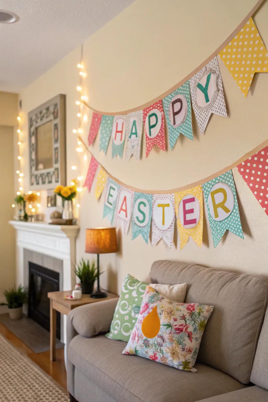 A handmade Easter banner introducing festive cheer.
