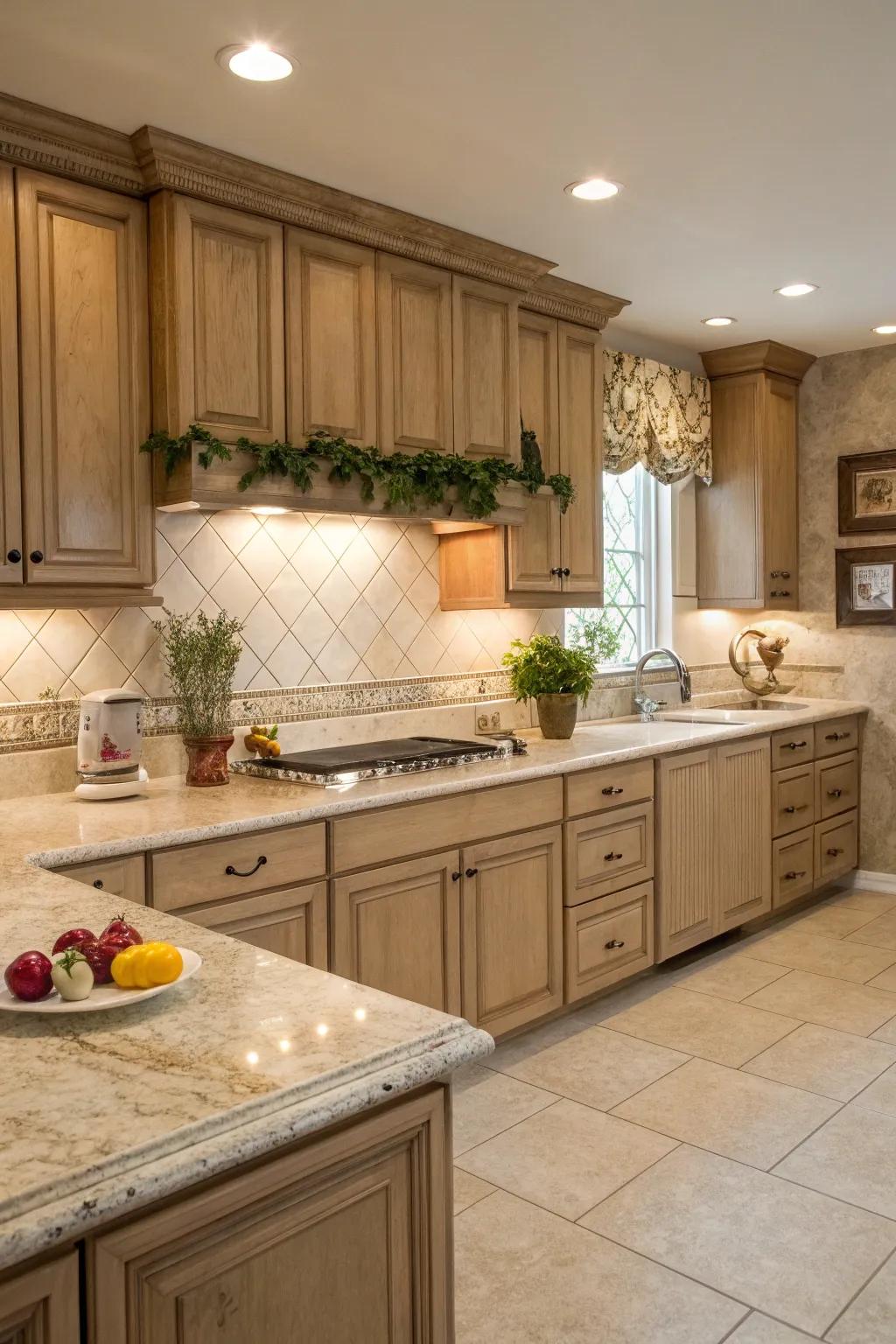 Understated tiling fashion a peaceful, zen-inspired cooking space.