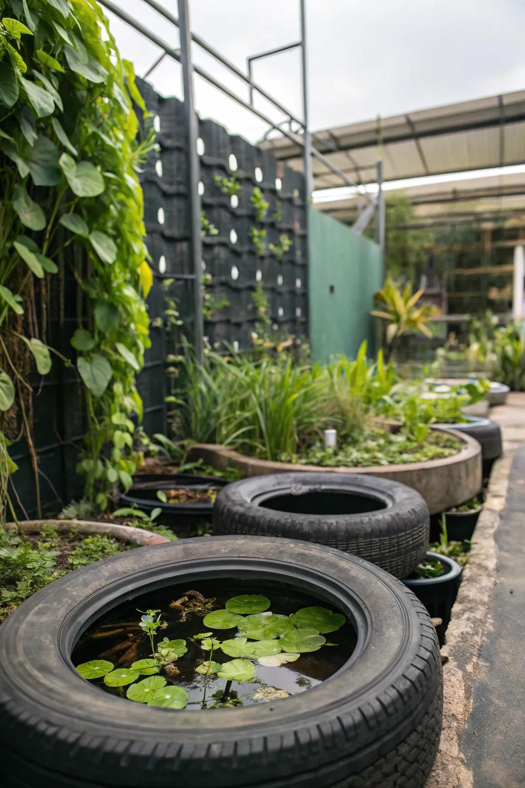 A vertical garden enhances the depth and verdure of a tire pond.