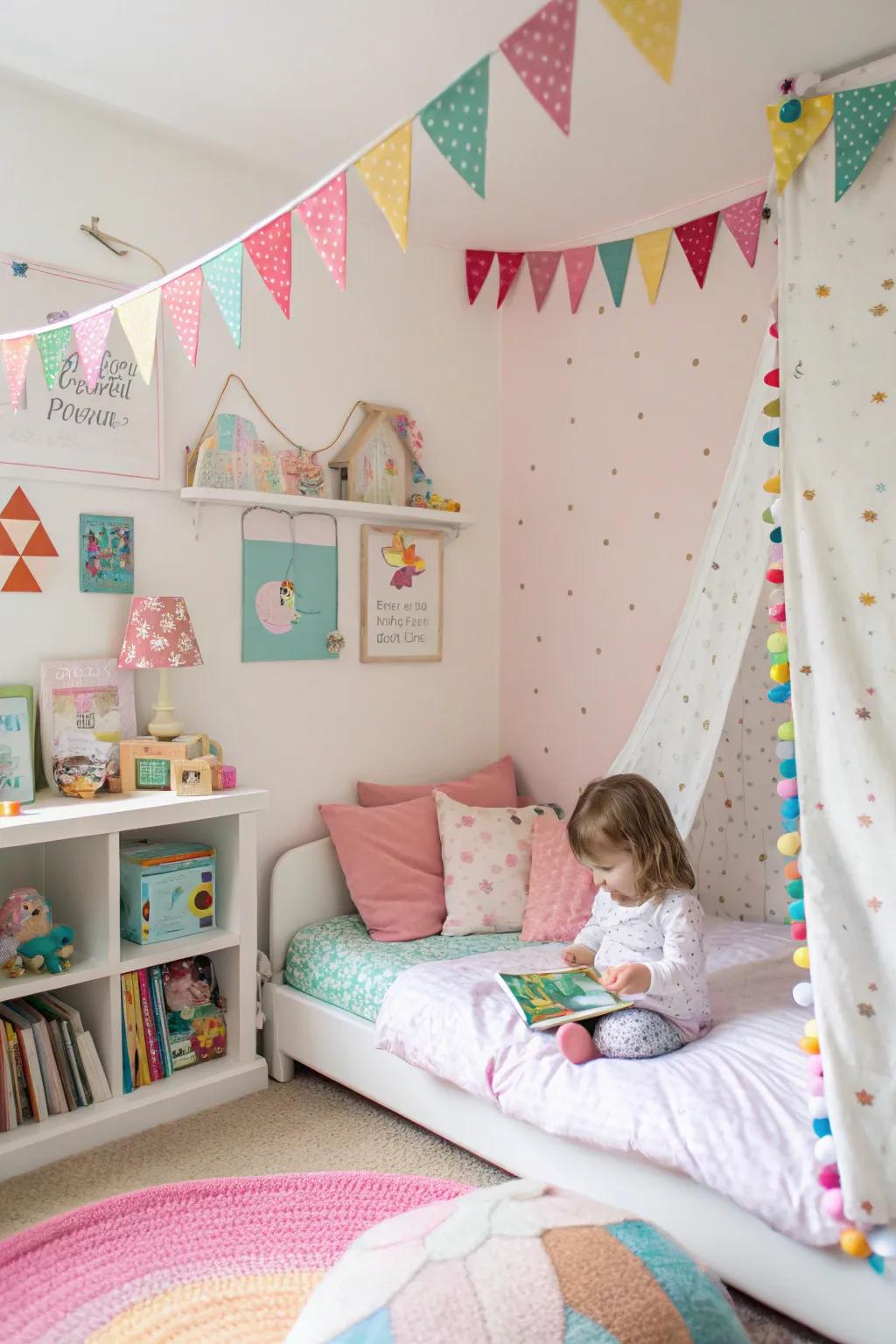 Colorful bunting includes a lively and joyful atmosphere to the bed room.