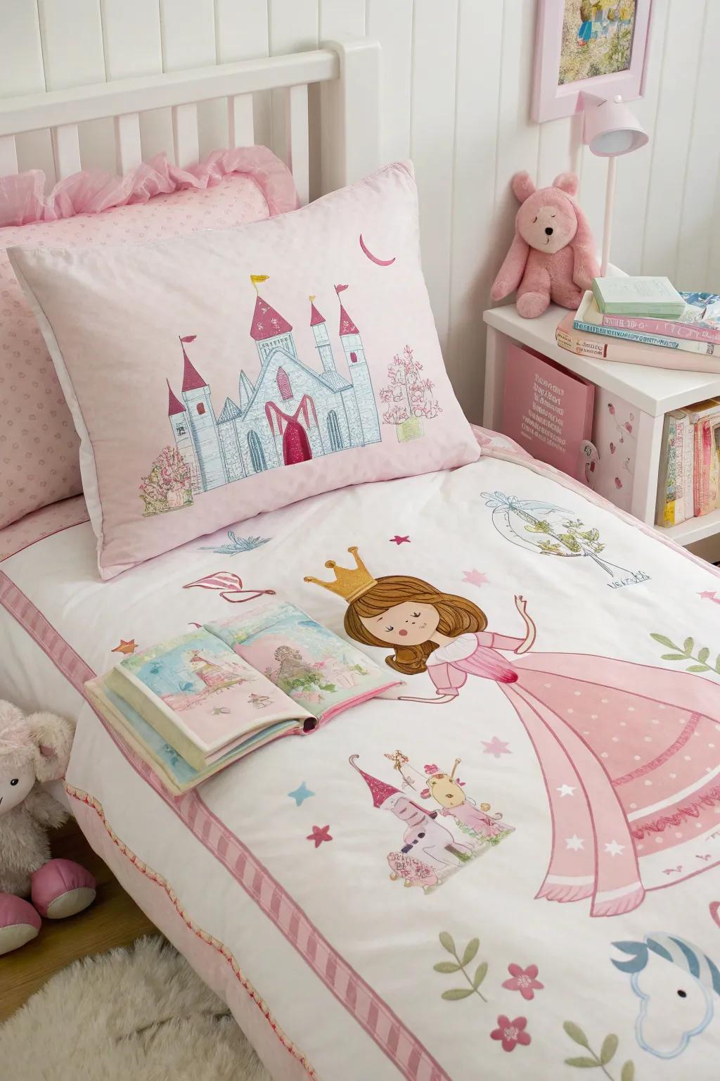 Themed bedding personalizes her sleep expanse.