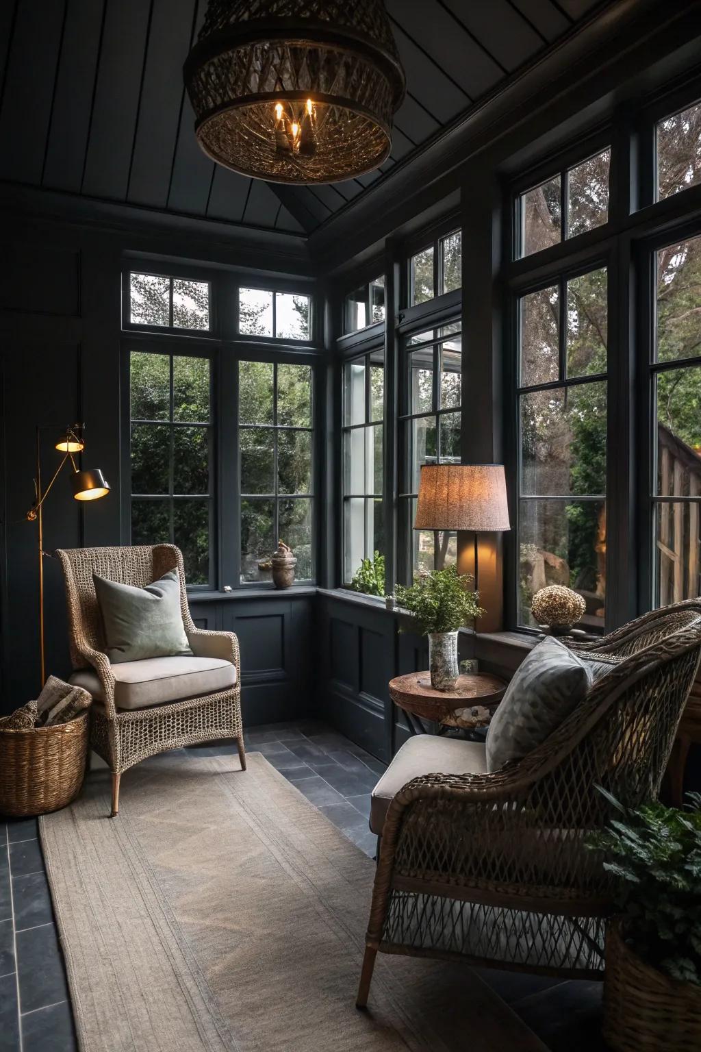 Coal walls crafting a contemplative and intimate sunroom atmosphere.