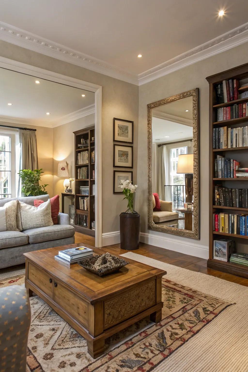 Mirrors impart profundity and reflect illumination, improving the room's spaciousness.