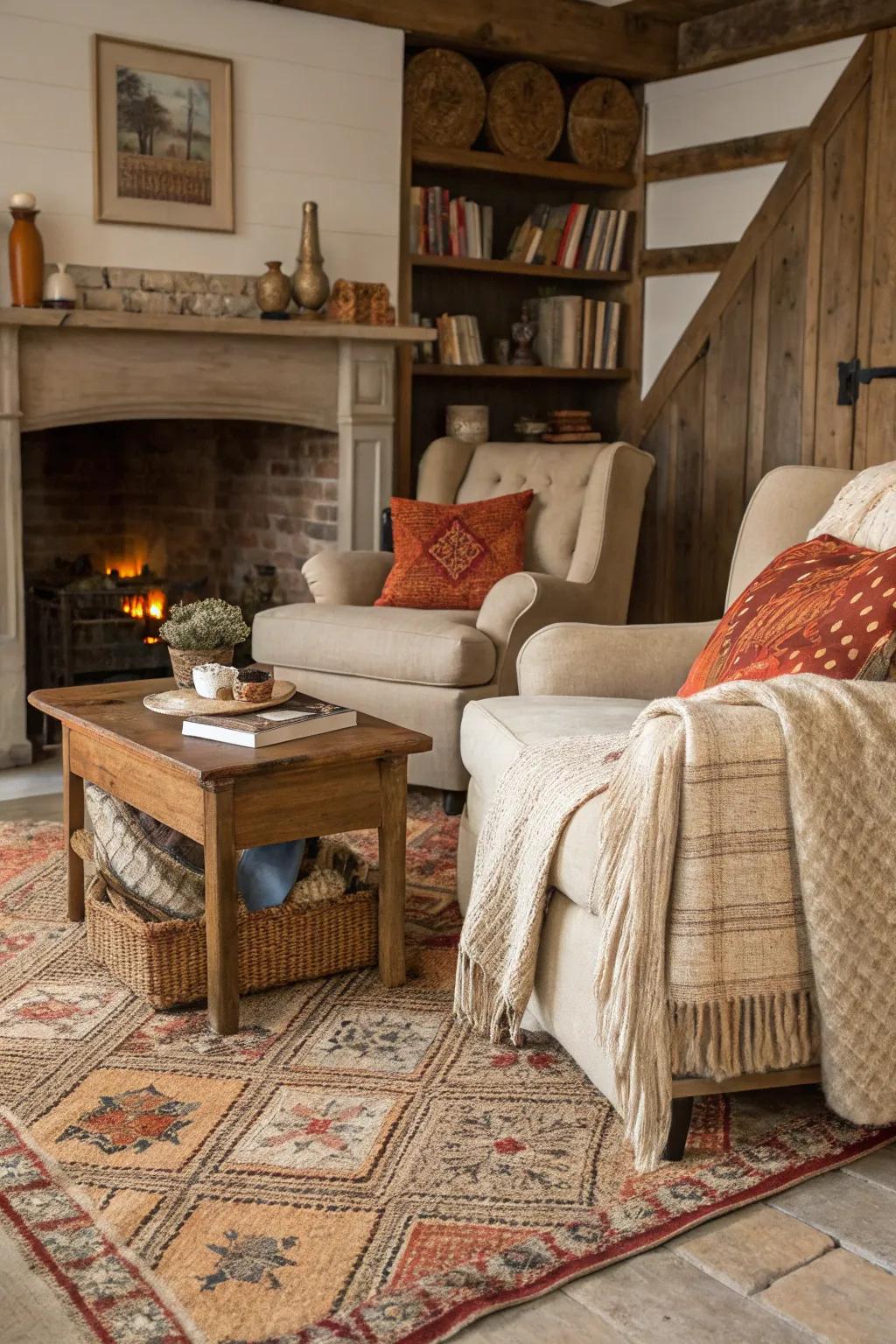 Textiles infuse coziness and consistency into the fireplace.