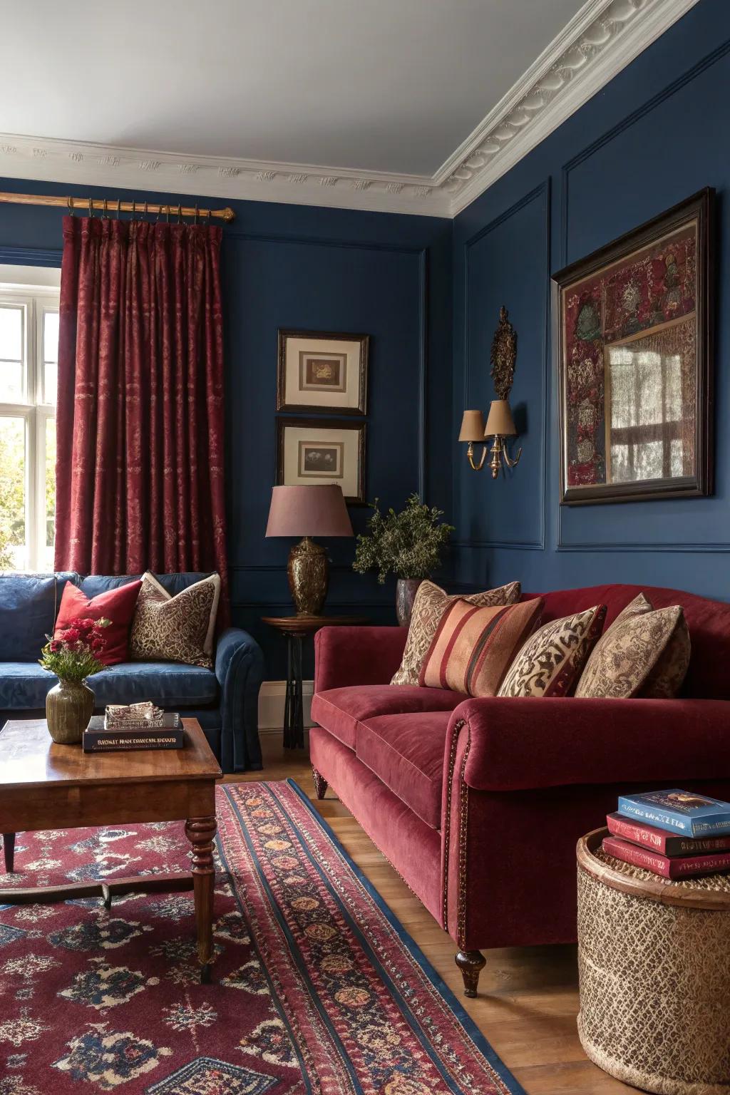 Strong highlight hues enhance the vibrancy of this classic living room.