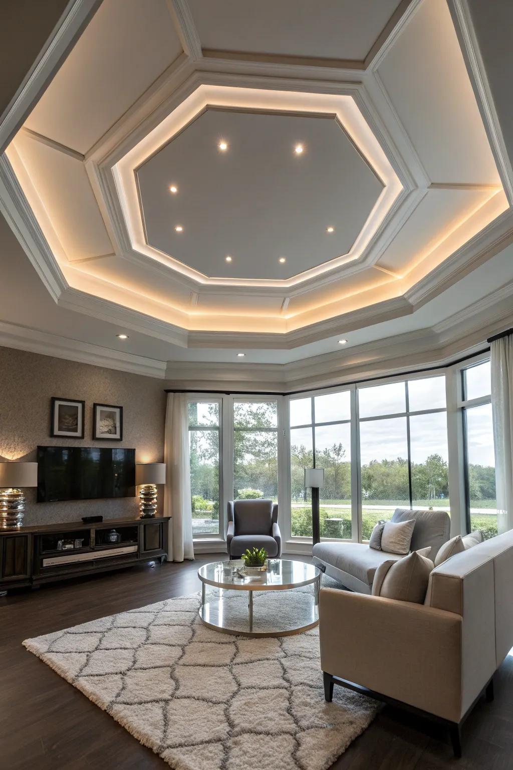 A contemporary room showcases an octagonal tray ceiling.