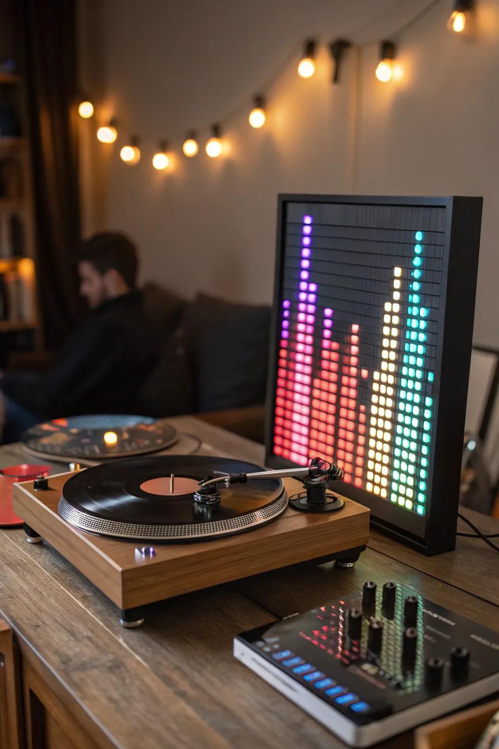 An LED music visualizer adding vibrant visuals to the setup.