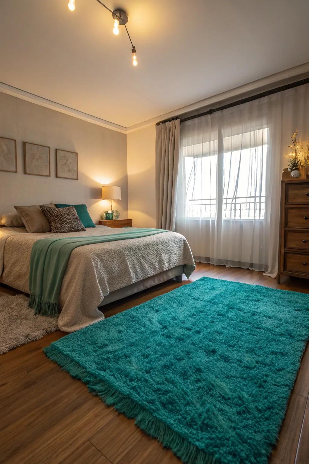 A teal rug adds comfort and style.
