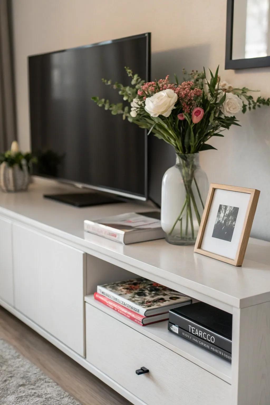 An essentialist décor strategy implemented on a media console.