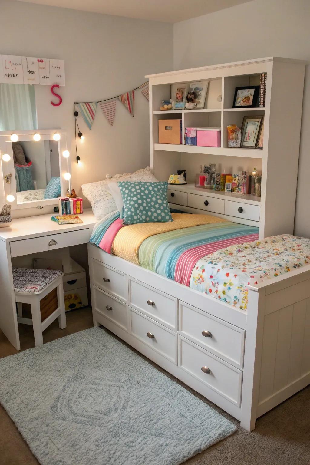Multipurpose furnishings maximize space and utility in a tween's space.