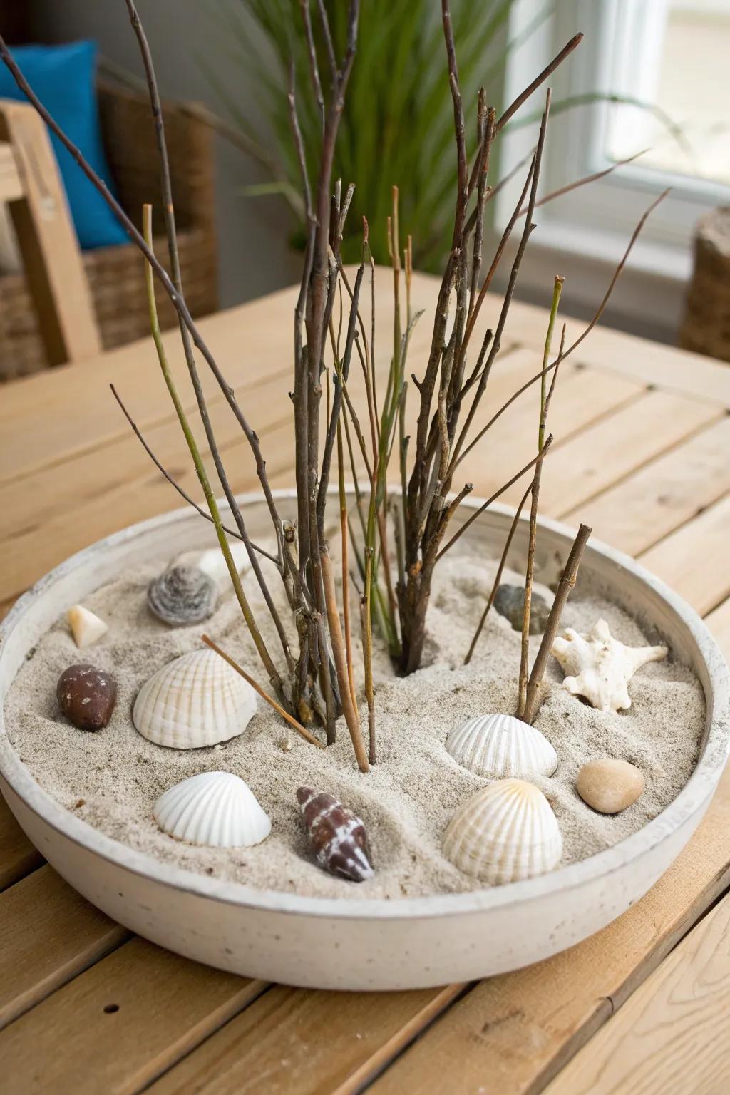 A littoral centerpiece featuring branches and shells.