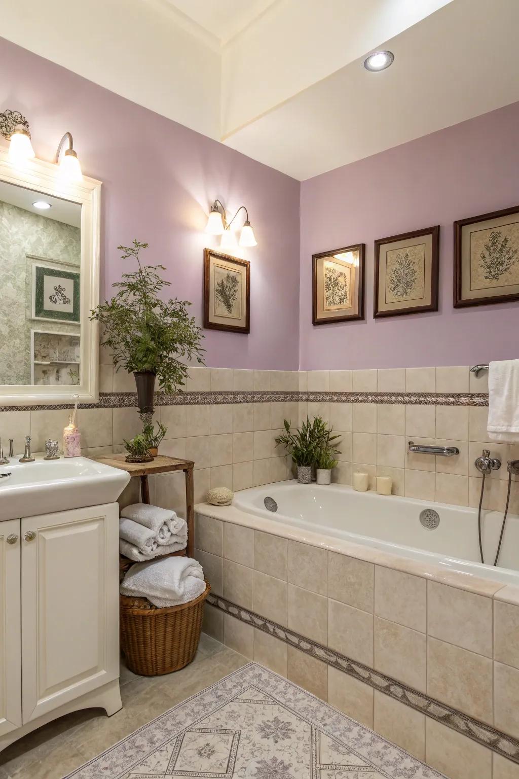 A delicate lavender and cream two-tone wall scheme which builds a tranquil hideaway.
