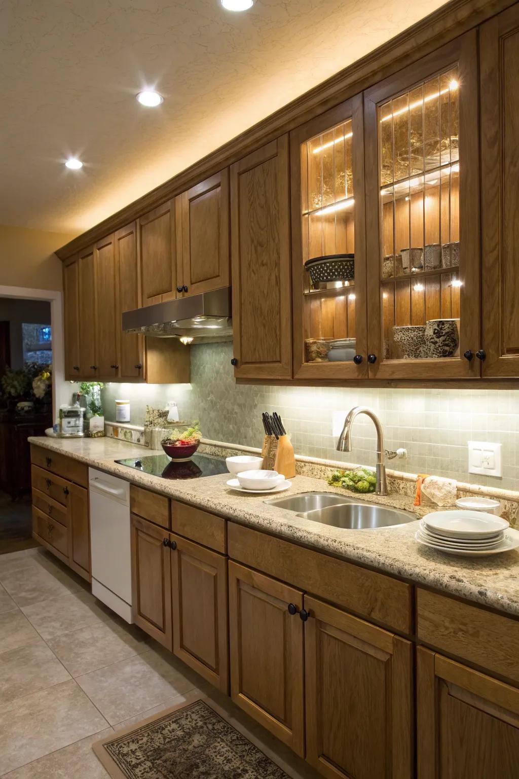 Cool-toned lamps provide bright illumination for detailed kitchen tasks.