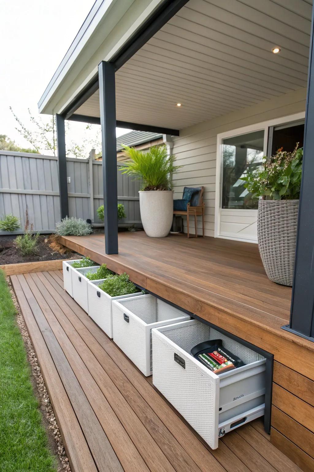 Hidden storage keeps your under-deck area neat and visually appealing.