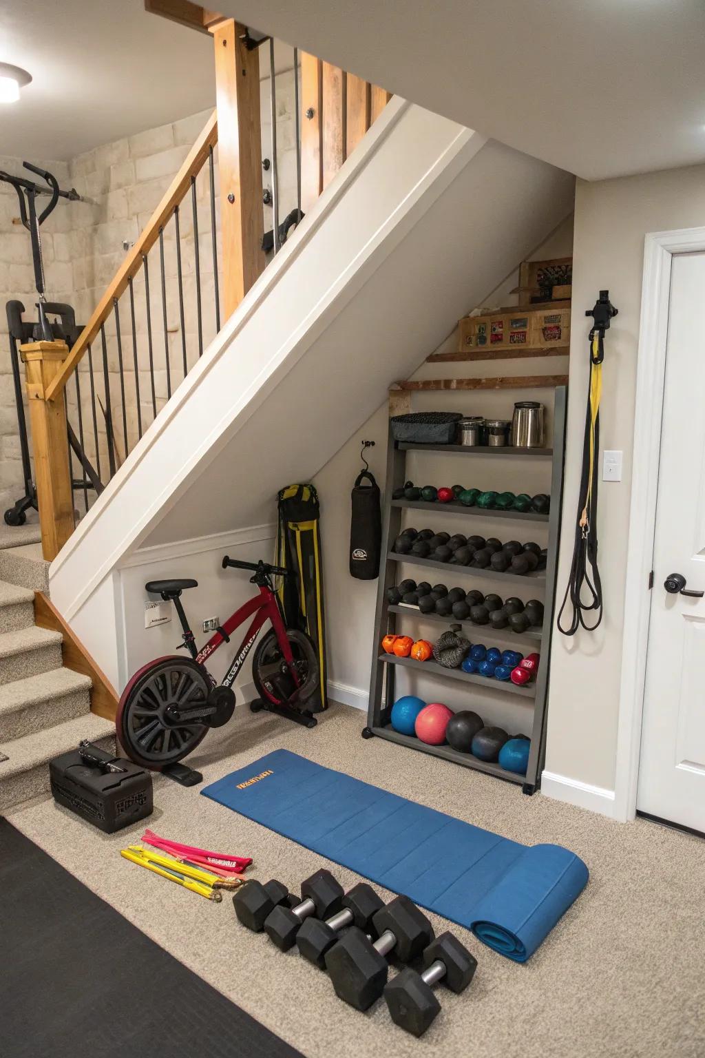 A mini gym beneath the staircase promotes a wholesome lifestyle.