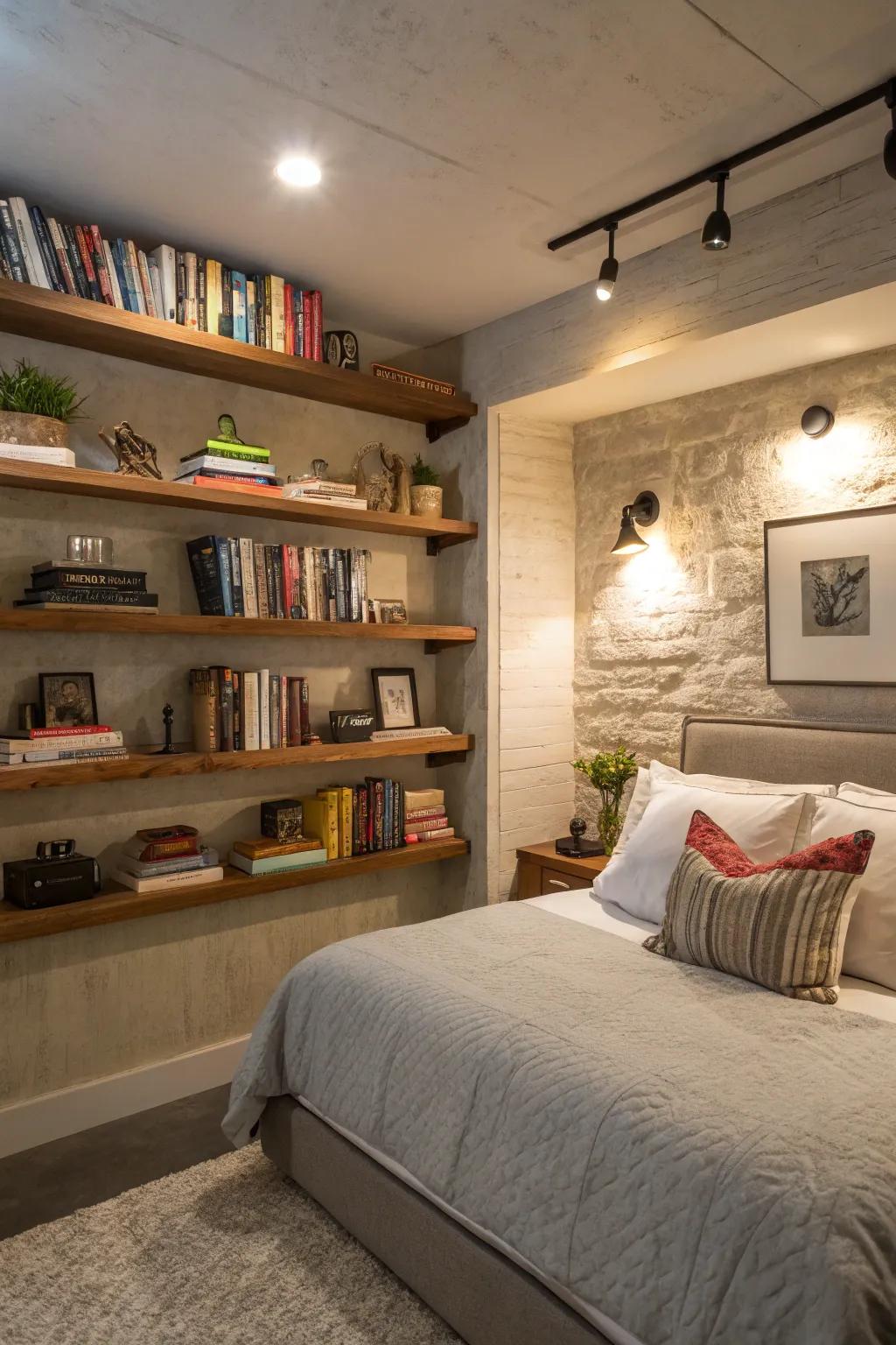 Floating shelves can contribute style and utility to your basement bedroom.