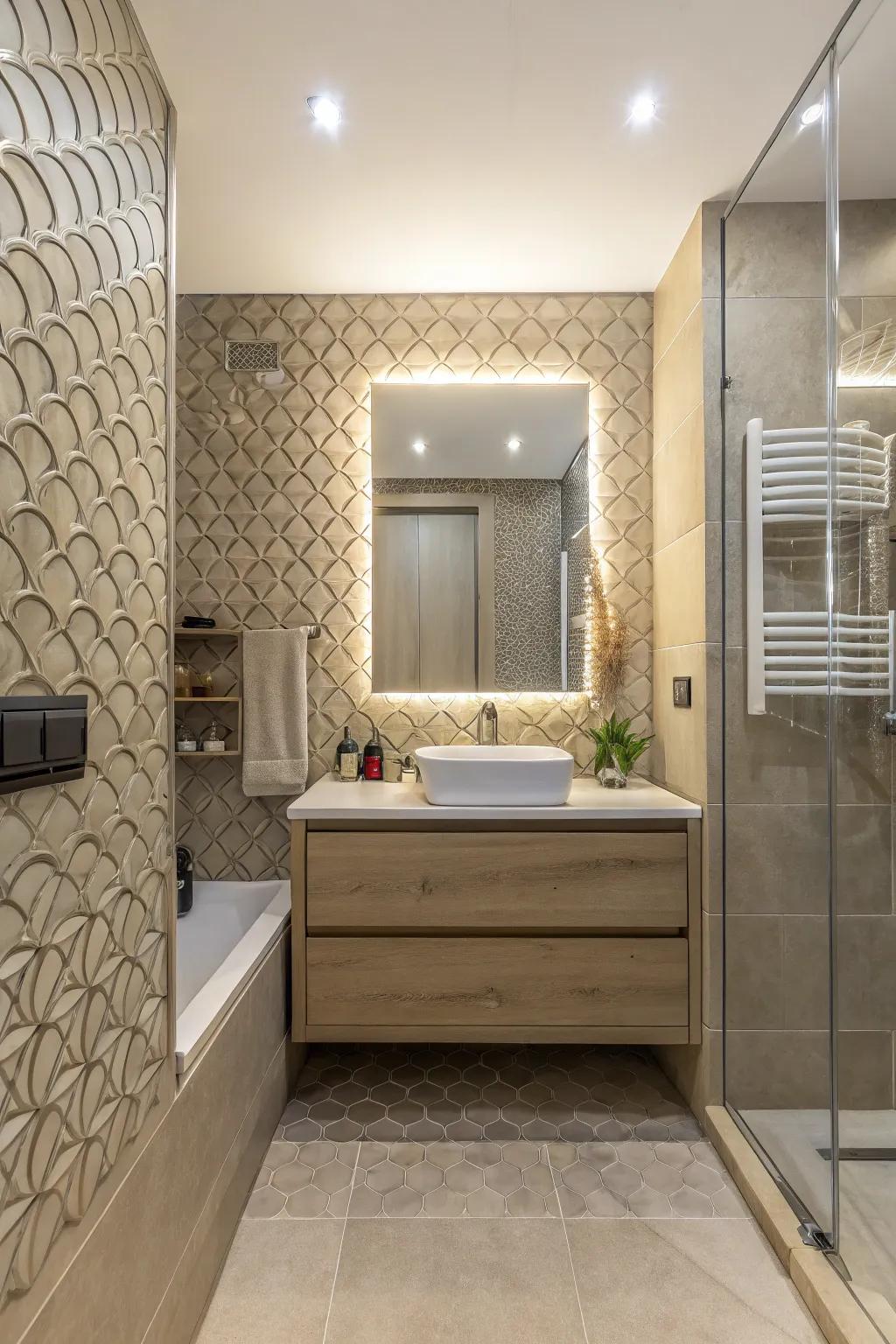 Textured partitions cultivate a tactile and visibly captivating area.