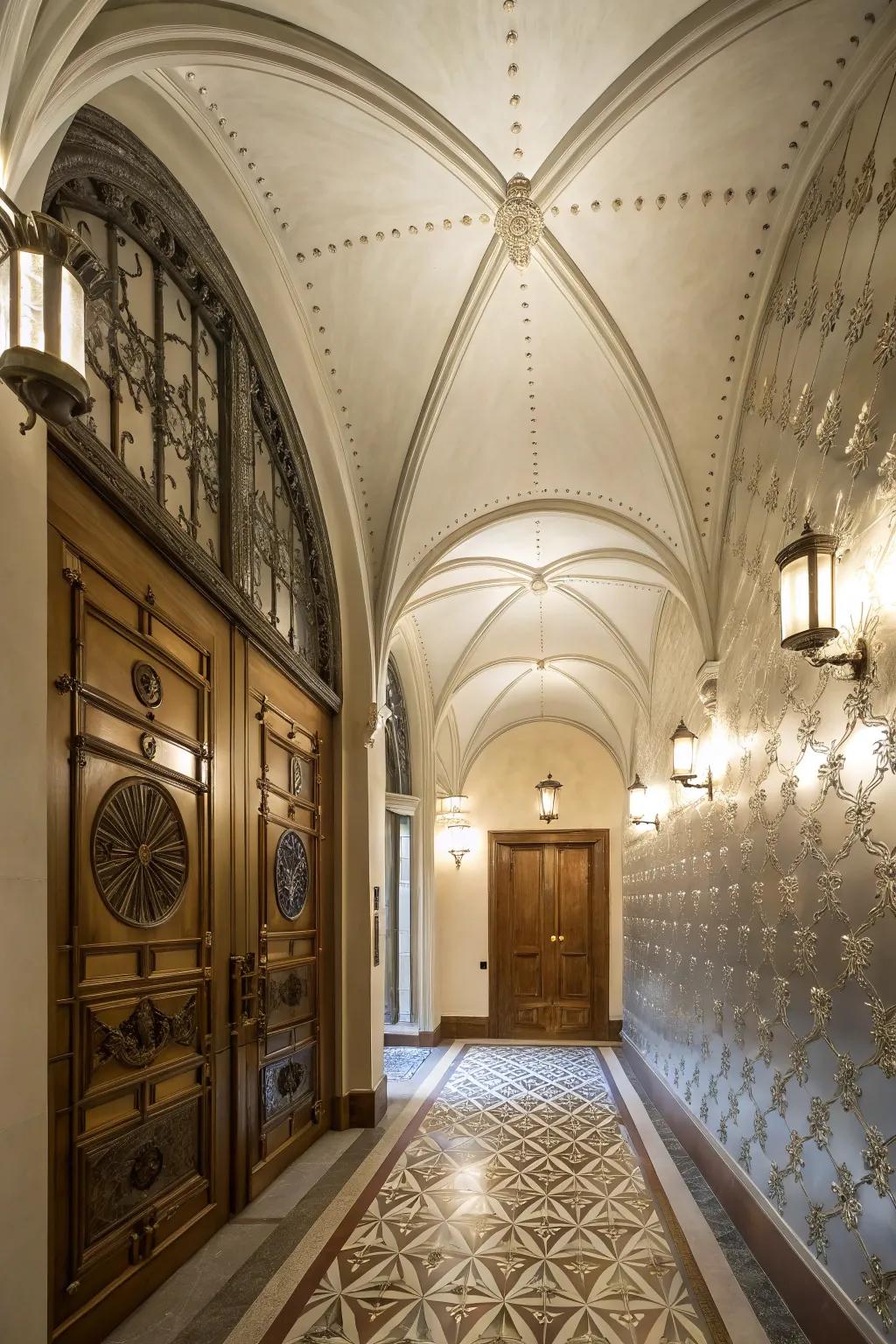 Entryway featuring a vaulted ceiling and a metal-like accent wall